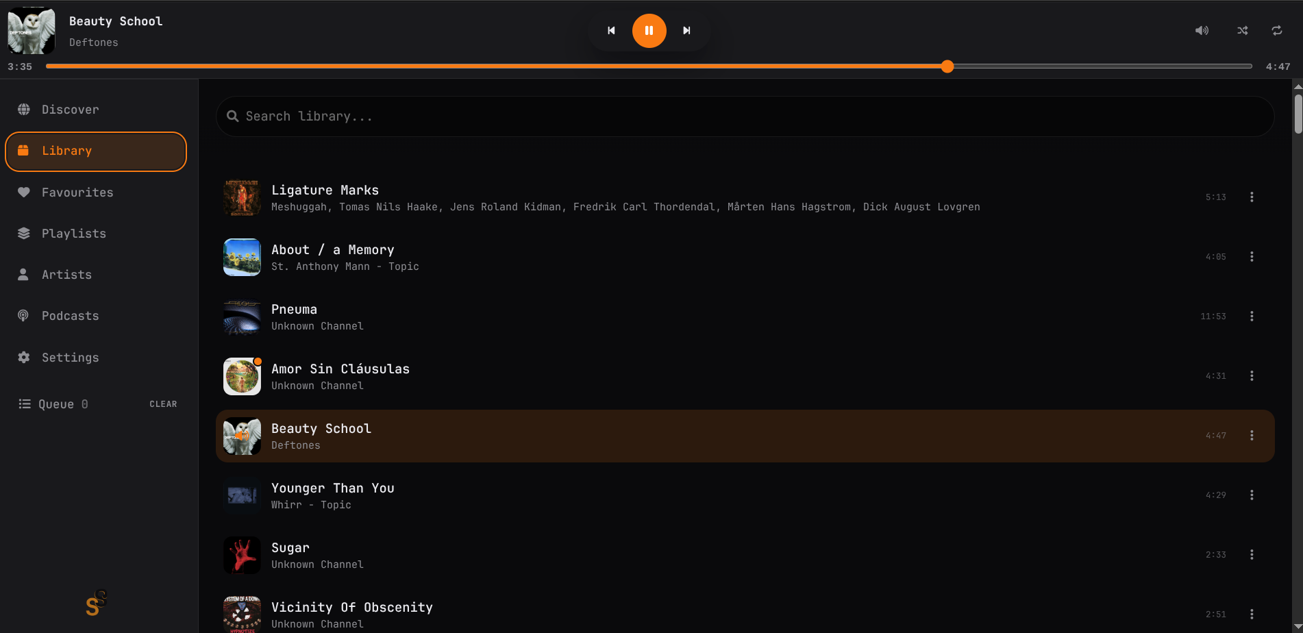 Soundsible desktop player with dark theme showing library and playback
